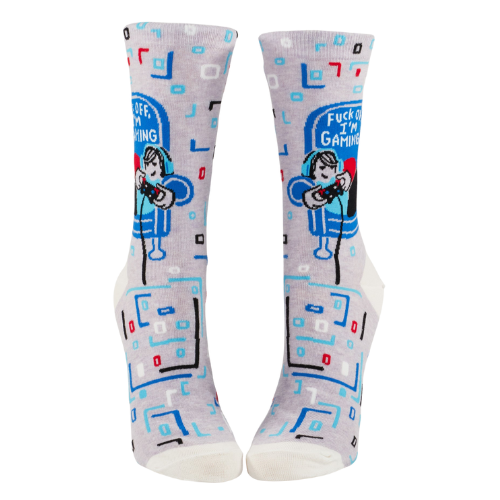 BlueQ socks with bold "Fuck Off, I'm Gaming" text, ideal for dedicated gamers who want to make a statement.