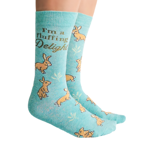 This bunny is one of a kind.  ──────────────── Size Women's shoe size 6-9 Men’s shoe size 4-7 EUR 37-41 ──────────────── Materials & Attributes 70% Combed Cotton, 28% Nylon and 2% Spandex. Reinforced stitching on toe to protect from wear.  Print on Socks: "I'm a Fluffing Delight" ──────────────── Care Machine wash and hang to dry.  Do not iron or bleach.