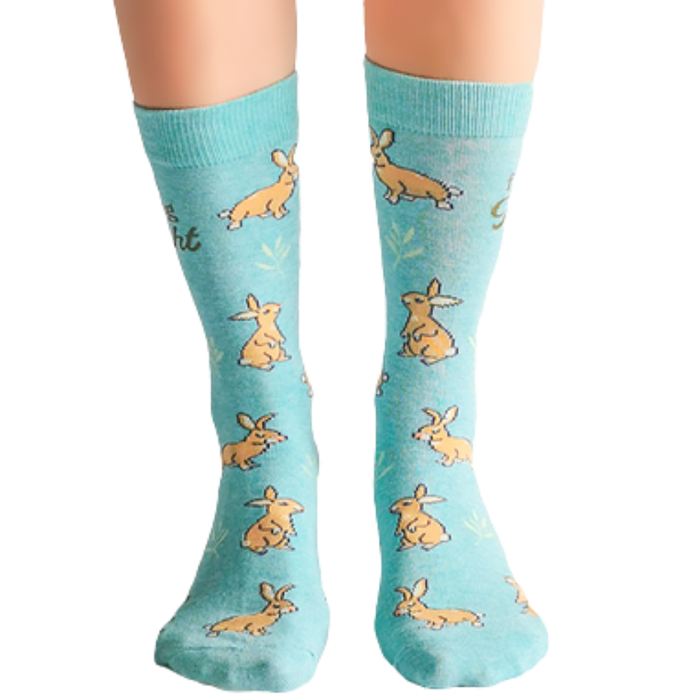 This bunny is one of a kind.  ──────────────── Size Women's shoe size 6-9 Men’s shoe size 4-7 EUR 37-41 ──────────────── Materials & Attributes 70% Combed Cotton, 28% Nylon and 2% Spandex. Reinforced stitching on toe to protect from wear.  Print on Socks: "I'm a Fluffing Delight" ──────────────── Care Machine wash and hang to dry.  Do not iron or bleach.