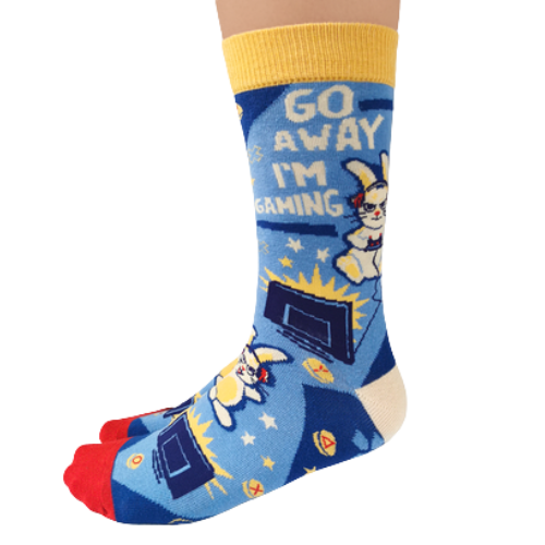 Gamer Crew Socks, writing "Go Away I'm Gaming". Bunny playing video games with blue back ground