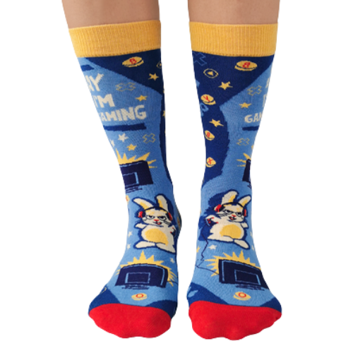 Gamer Crew Socks, writing "Go Away I'm Gaming". Bunny playing video games with blue back ground