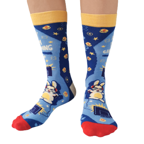 Gamer Crew Socks, writing "Go Away I'm Gaming". Bunny playing video games with blue back ground