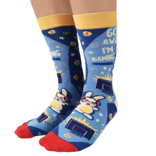 Gamer Crew Socks, writing "Go Away I'm Gaming". Bunny playing video games with blue back ground