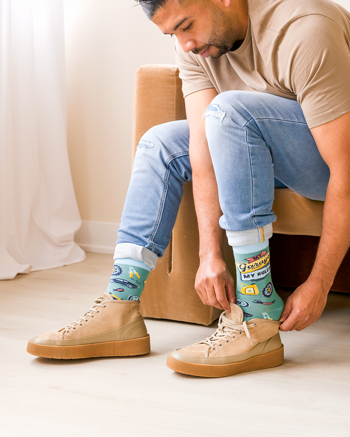 Garage Guru Men's Socks. My garage rules writing with garage tools and items in a pattern.