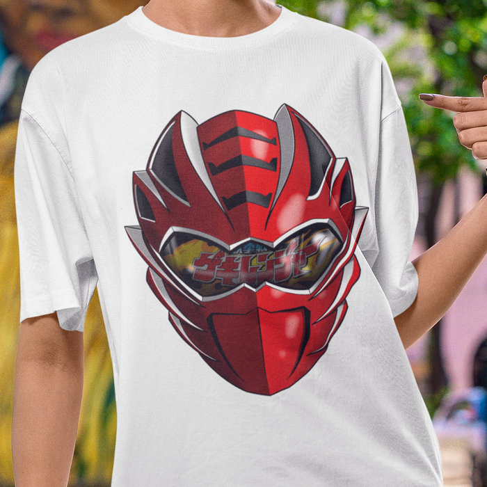 Super Sentai Inspired Gekiranger T shirt featuring Red ranger helmet with logo reflecting in visor