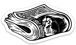 3 inch sticker reading Get That Money with a cash roll graphic