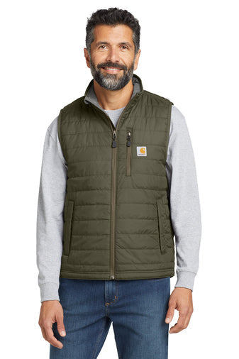 Carhartt Gilliam insulated work vest in moss, front view of the garment shown worn