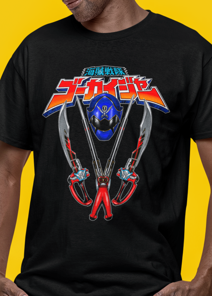 Super Sentai Inspired Gokaiger T shirt featuring blur ranger helmet and swords under logo