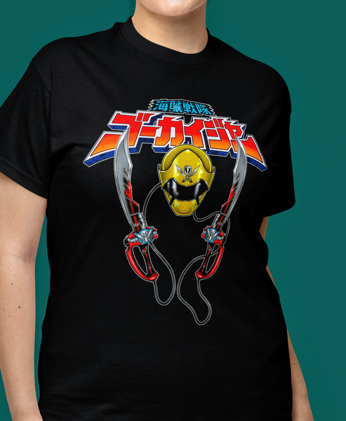 Super Sentai Inspired Gokaiger T shirt featuring yellow ranger helmet and her tied swords under the logo