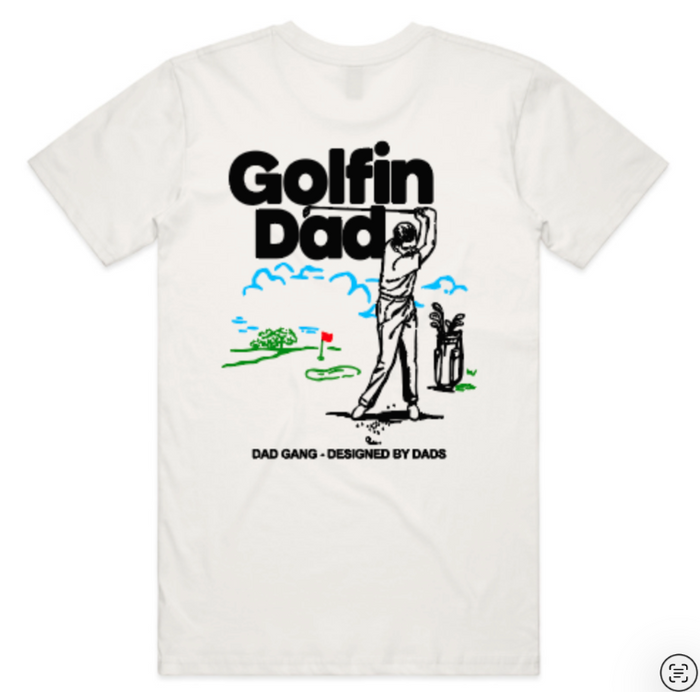 Golfin Dad short sleeve graphic tee by Dad Gang in white, main product view of the front print