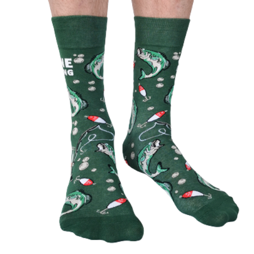 Gone Fishing Men's Socks. Green back background. Fishing rods, fish and bubbles. Wording on socks "Gone Fishing". Canadian Company.
