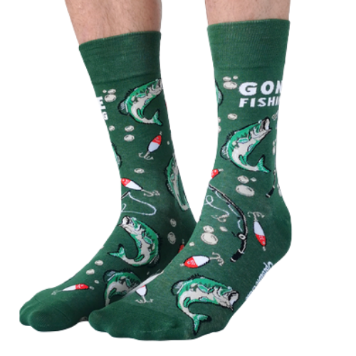 Gone Fishing Men's Socks. Green back background. Fishing rods, fish and bubbles. Wording on socks "Gone Fishing". Canadian Company.