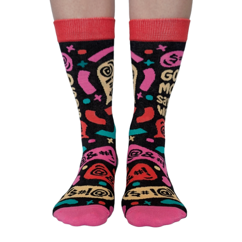 Good Moms socks for her – funny women’s socks with bold text design