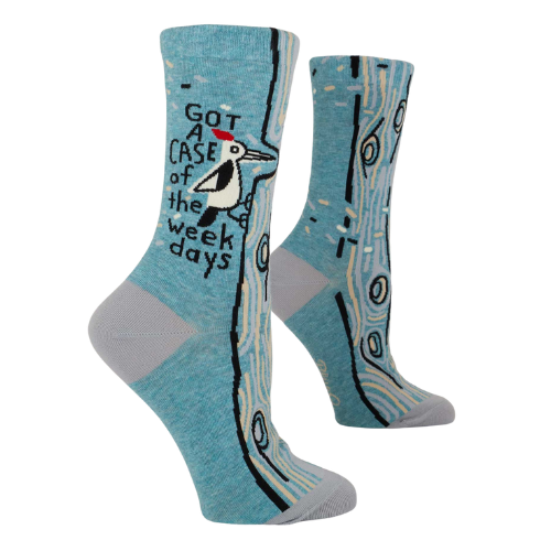 A pair of Blue Q socks with the phrase "Got a Case of the Weekdays," featuring fun graphics and a playful design for those who feel personally attacked by Mondays.