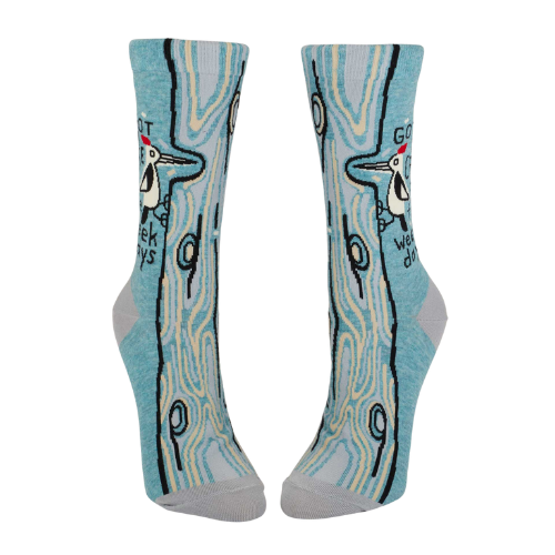 A pair of Blue Q socks with the phrase "Got a Case of the Weekdays," featuring fun graphics and a playful design for those who feel personally attacked by Mondays.