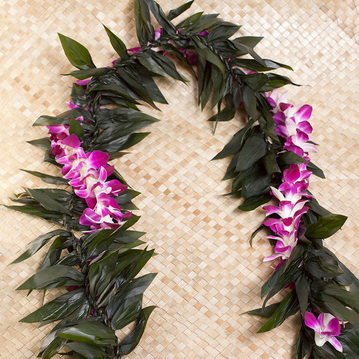 GRADUATION LEI 2 PACK - MAILE TI LEAF STYLE WITH ORCHID LEI WRAP & DOUBLE DYED ORCHID LEI