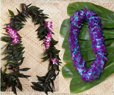 GRADUATION LEI 2 PACK - MAILE TI LEAF STYLE WITH ORCHID LEI WRAP & DOUBLE DYED ORCHID LEI