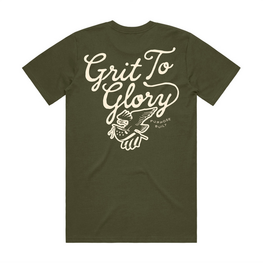 Grit to Glory interlock short sleeve graphic tee in army green, available in big and tall sizes