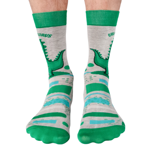 men’s Grumpasaurus socks featuring a moody dino and playful text – great novelty gift