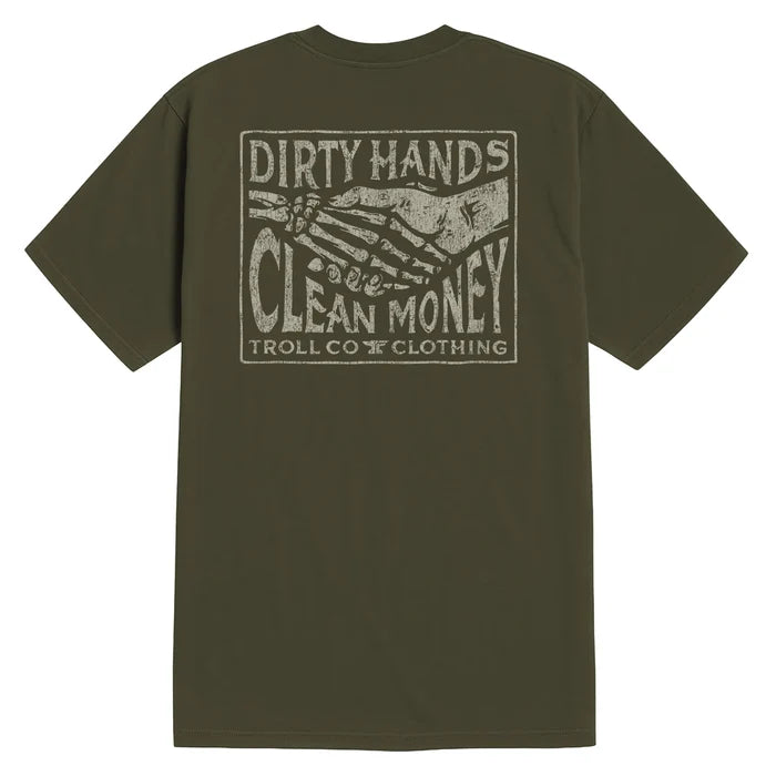 Back view of the Troll Co. Haggler Box graphic t-shirt in military green