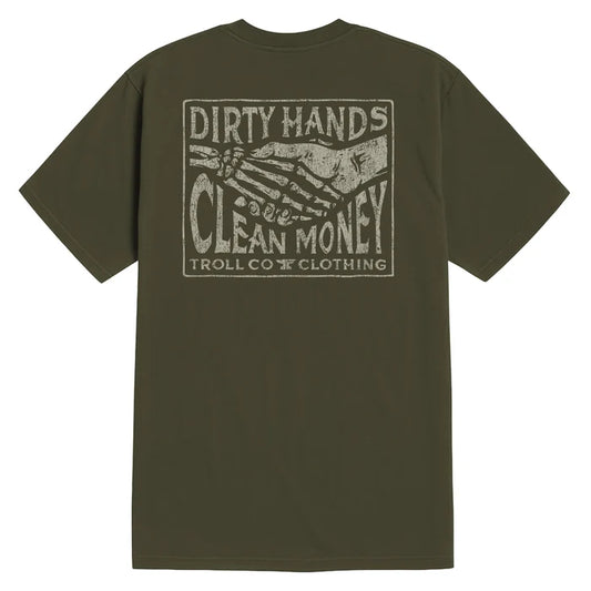 Back view of the Troll Co. Haggler Box graphic t-shirt in military green