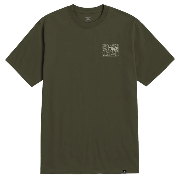 Front view of the Troll Co. Haggler Box graphic t-shirt in military green
