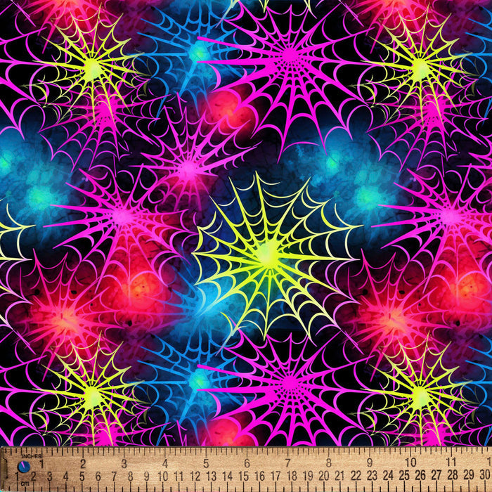 Halloween Neon Spiderwebs on Black 100% Cotton