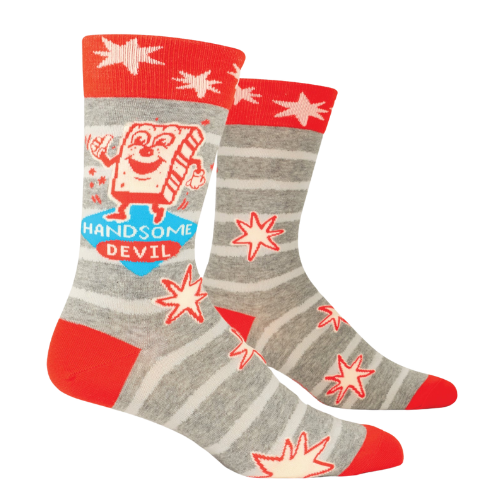 Blue Q socks featuring the phrase "Handsome Devil," with a playful design ideal for those who like to add a bit of charm and mischief to their look.