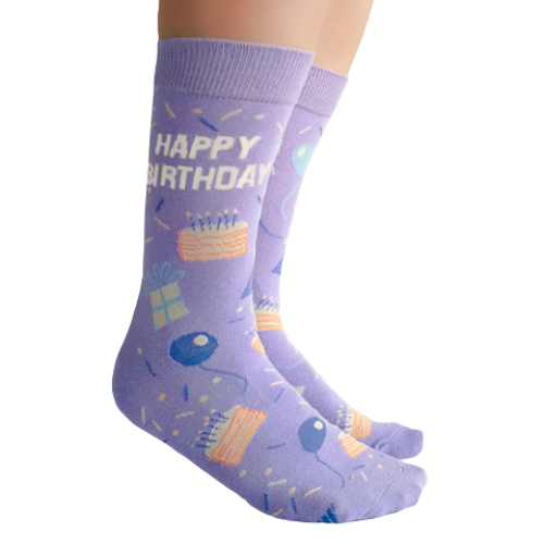 Happy Birthday Women's Socks. Purple background with cakes, presents and balloons.