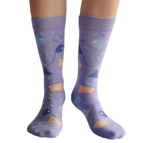 Happy Birthday Women's Socks. Purple background with cakes, presents and balloons.