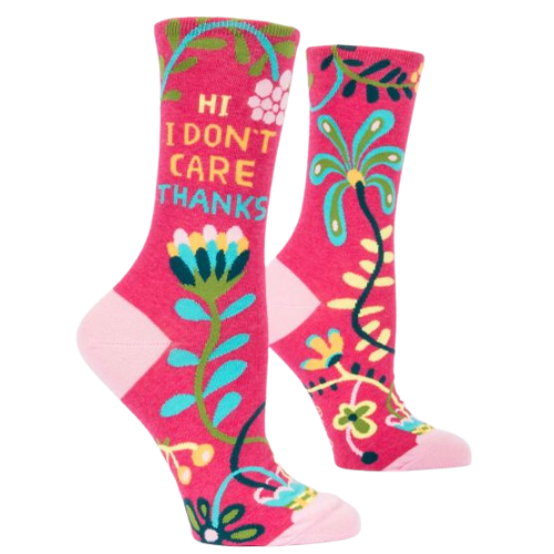 Hi, I don't care socks. Women's Blue Q brand. Flowers with pink back ground.
