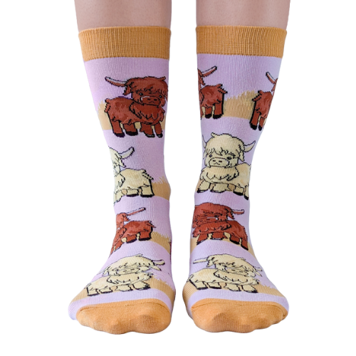 Women’s socks with Highland cow illustrations – perfect gift for farm animal lovers