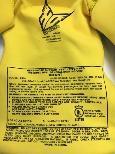 HO Type II Green/Blue/Yellow Infant Size Specific Used Life Vest