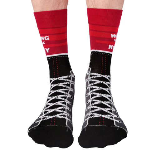 Custom 'Hockey Talk' socks with playful hockey phrases and designs, perfect for fans of the game.