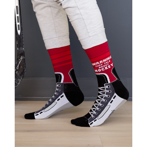 Custom 'Hockey Talk' socks with playful hockey phrases and designs, perfect for fans of the game.