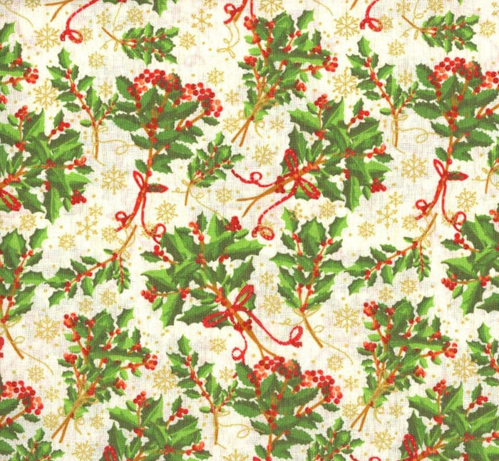 Holly and Gold Metallic Snowflakes on White Ivory