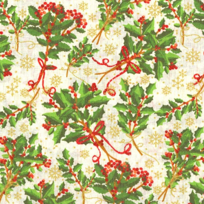 Holly and Gold Metallic Snowflakes on White Ivory