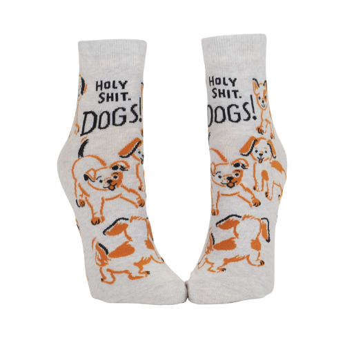 Cream ankle socks printed with the phrase ‘Holy Shit. Dogs!’ and multiple illustrated dog faces.