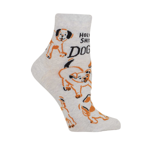 Ankle socks with the phrase ‘Holy Shit. Dogs!’ and playful dog graphics.