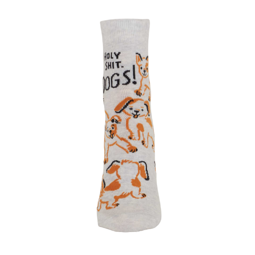 Sock with dog illustrations and text on a white background