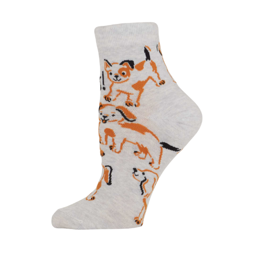 Gray sock with dog pattern on a white background