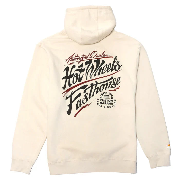 Fasthouse Hot Wheels Dealer hooded pullover in off white, back view of the print