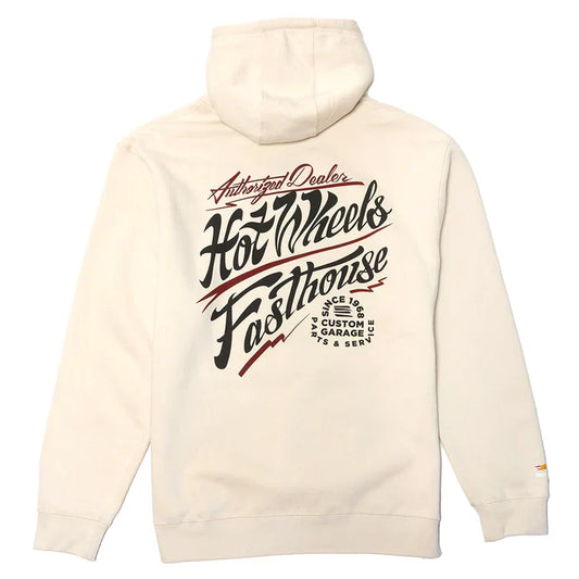 Fasthouse Hot Wheels Dealer hooded pullover in off white, back view of the print