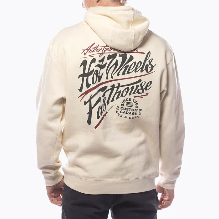 Fasthouse Hot Wheels Dealer hoodie in off white shown on a model, back view