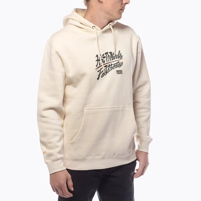 Fasthouse Hot Wheels Dealer hoodie in off white shown on a model, front view
