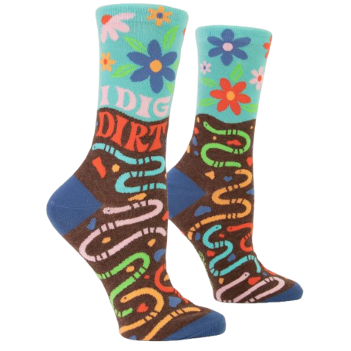 I Dig Dirt Women's Crew Socks. Worm's in dirt with bright colorful flowers. New 2022.