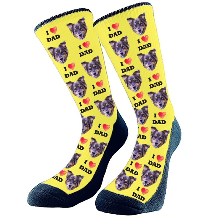 I Heart Dad Custom Face Socks. Switch up the background color and add your favorite face to socks.