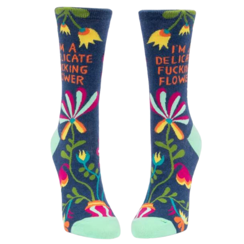 Delicate Fucking Flower - The Sock Bar Novelty Socks The cool thing about these socks - other than the fact that they are pretty and comfy and strong as hell - is that you can put the emphasis wherever you want. Women's shoe size 5-10. 53% nylon; 45% combed cotton; 2% spandex.