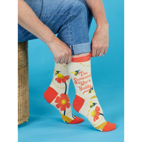 I’m Someone’s Work Buddy women’s crew socks with fun office-themed text.