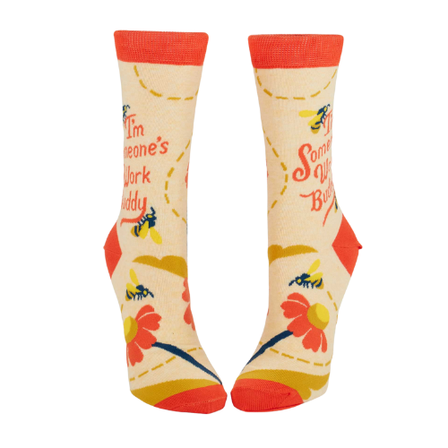 I’m Someone’s Work Buddy women’s crew socks with fun office-themed text.